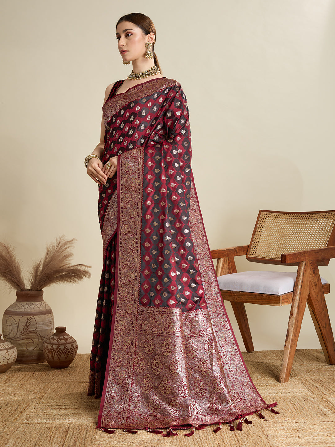 Maroon Soft Silk Saree with Zari Weaving & Designer Blouse – Wedding & Party Wear