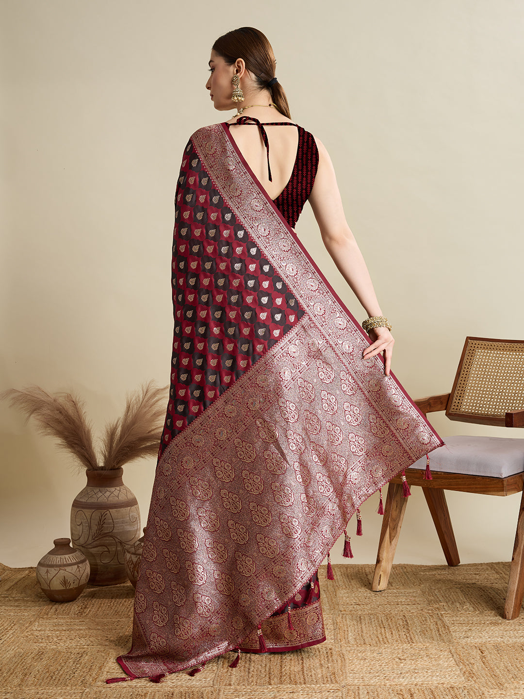 Maroon Soft Silk Saree with Zari Weaving & Designer Blouse – Wedding & Party Wear