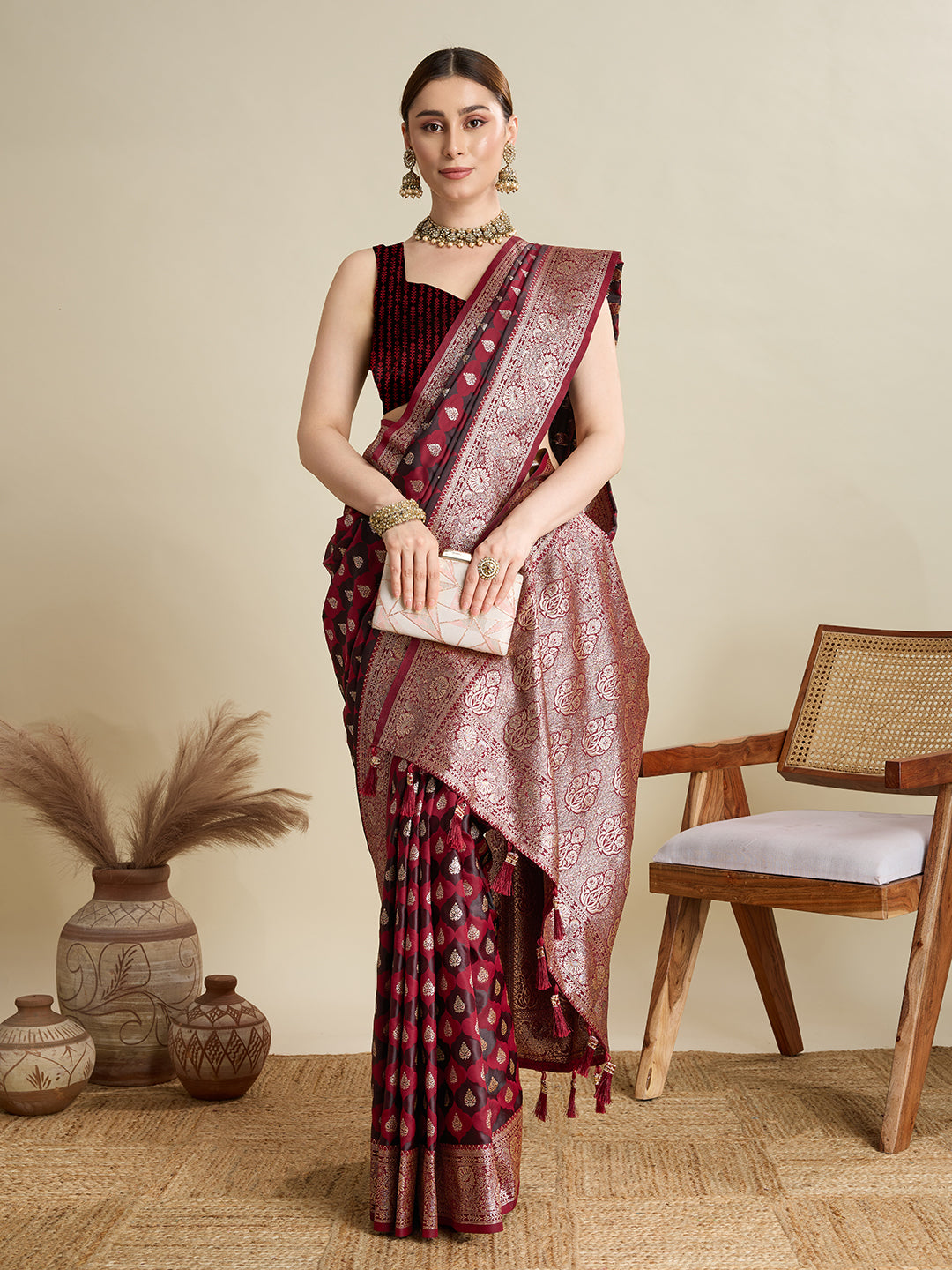 Maroon Soft Silk Saree with Zari Weaving & Designer Blouse – Wedding & Party Wear