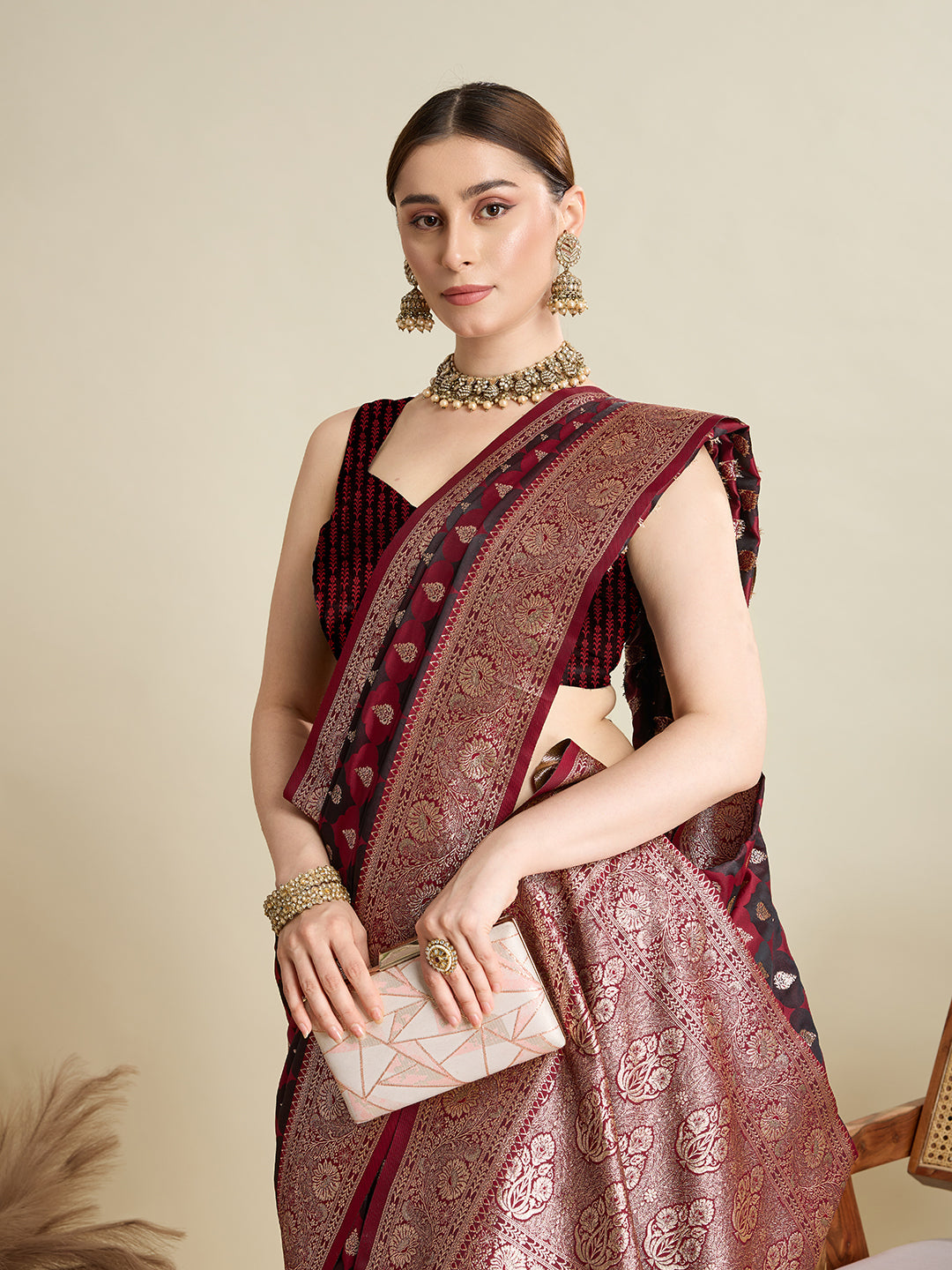 Maroon Soft Silk Saree with Zari Weaving & Designer Blouse – Wedding & Party Wear
