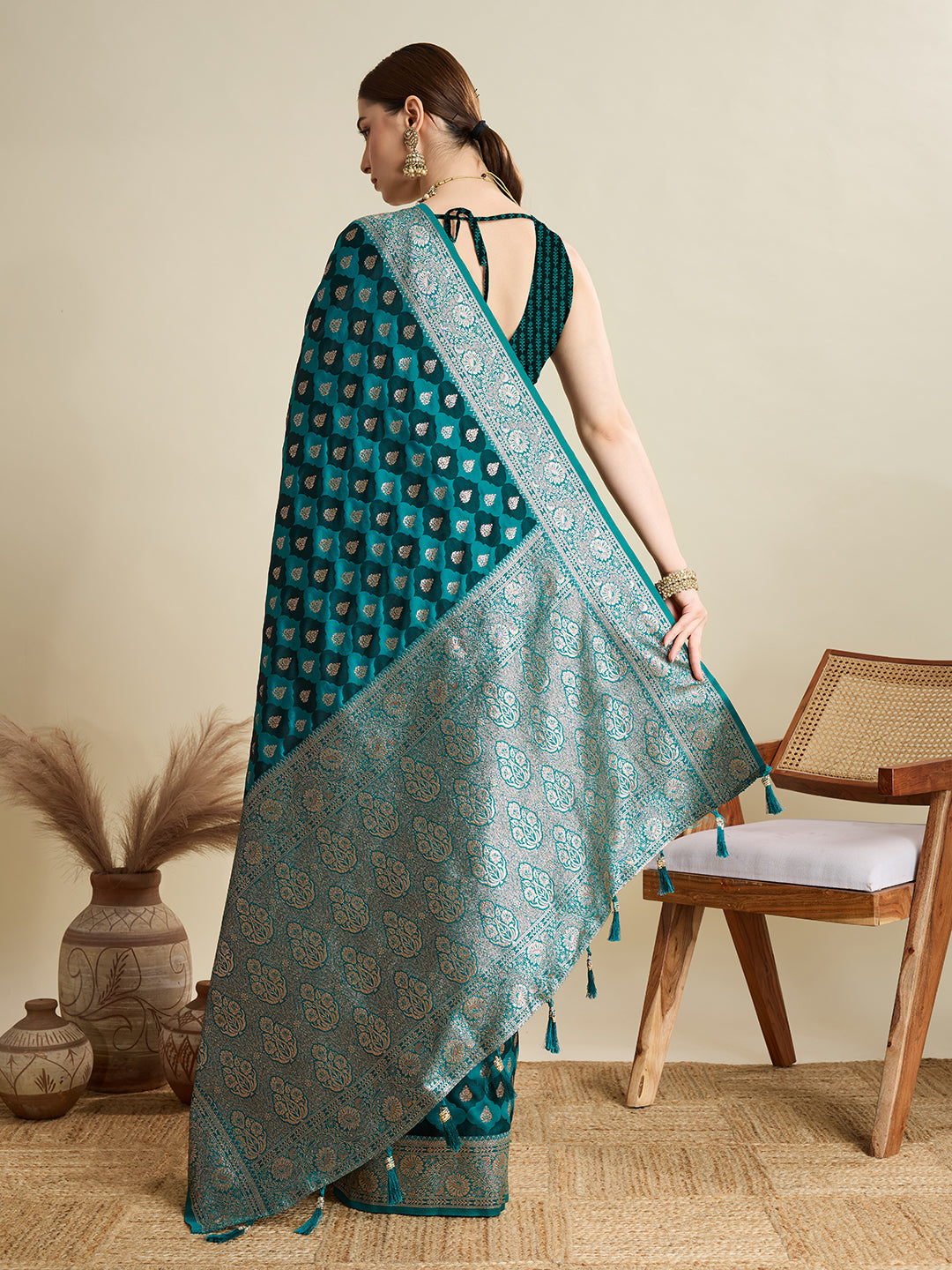 Rama Soft Silk Saree with Zari Weaving & Designer Blouse – Wedding & Party Wear