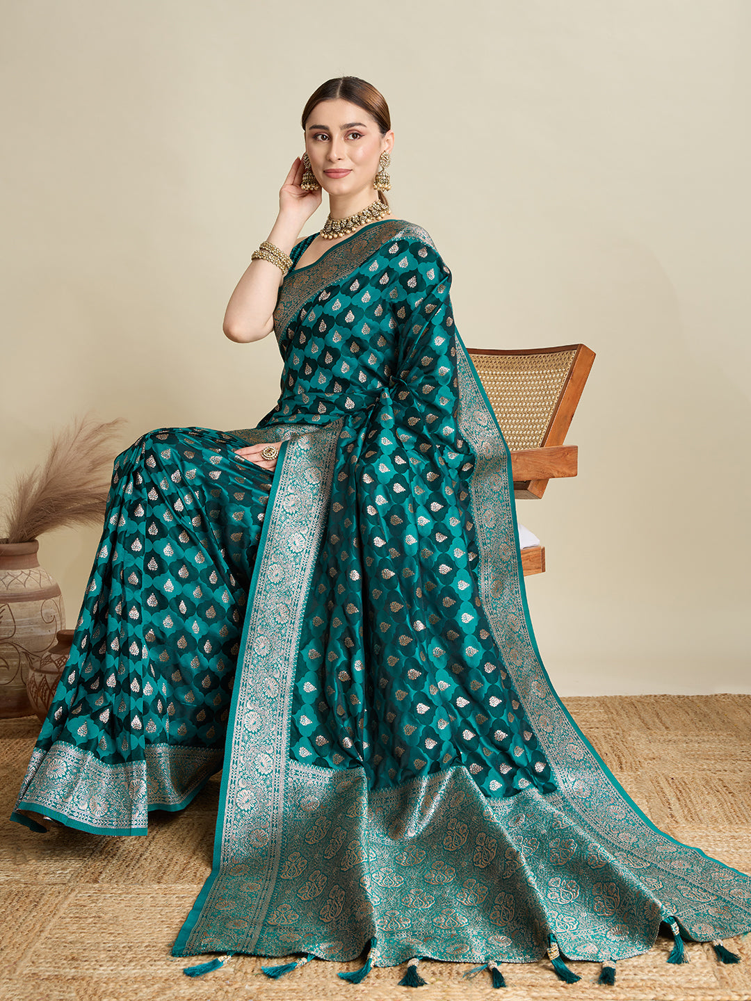 Rama Soft Silk Saree with Zari Weaving & Designer Blouse – Wedding & Party Wear