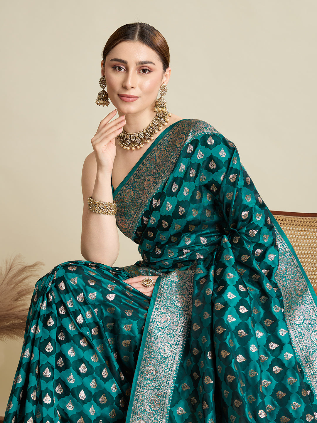 Rama Soft Silk Saree with Zari Weaving & Designer Blouse – Wedding & Party Wear