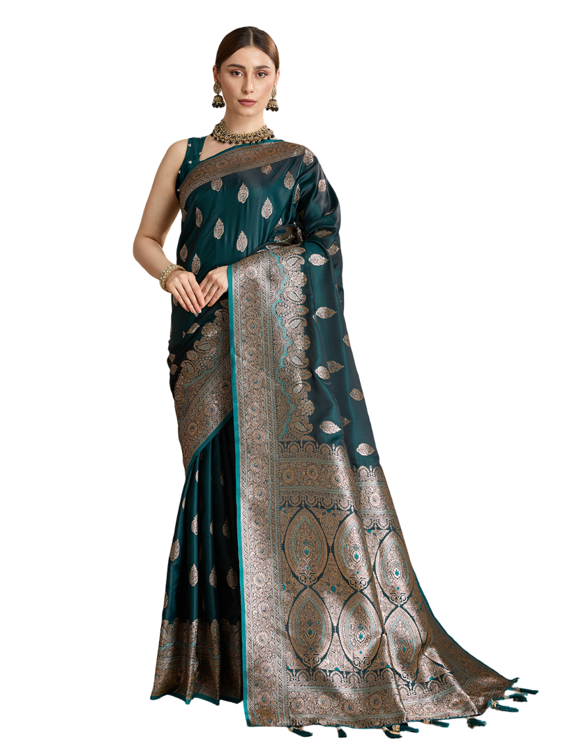 Designer Silk Saree with Heavy Zari Weaving & Rich Pallu for Festive & Wedding Wear (Rama)
