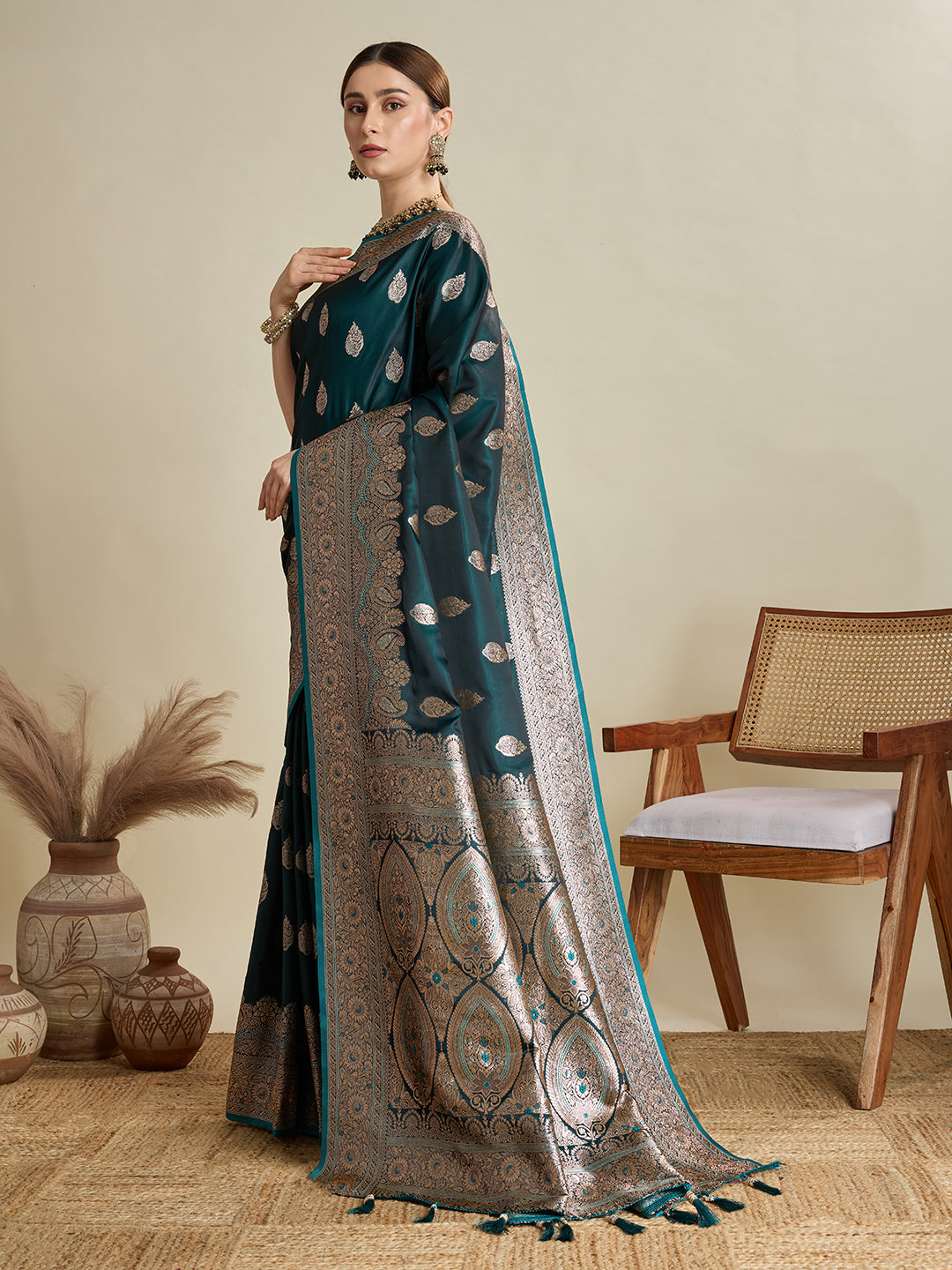 Designer Silk Saree with Heavy Zari Weaving & Rich Pallu for Festive & Wedding Wear (Rama)