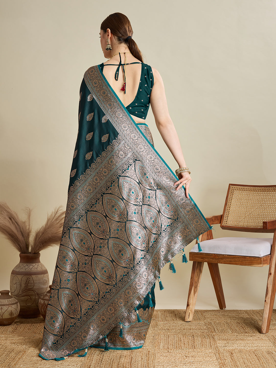 Designer Silk Saree with Heavy Zari Weaving & Rich Pallu for Festive & Wedding Wear (Rama)