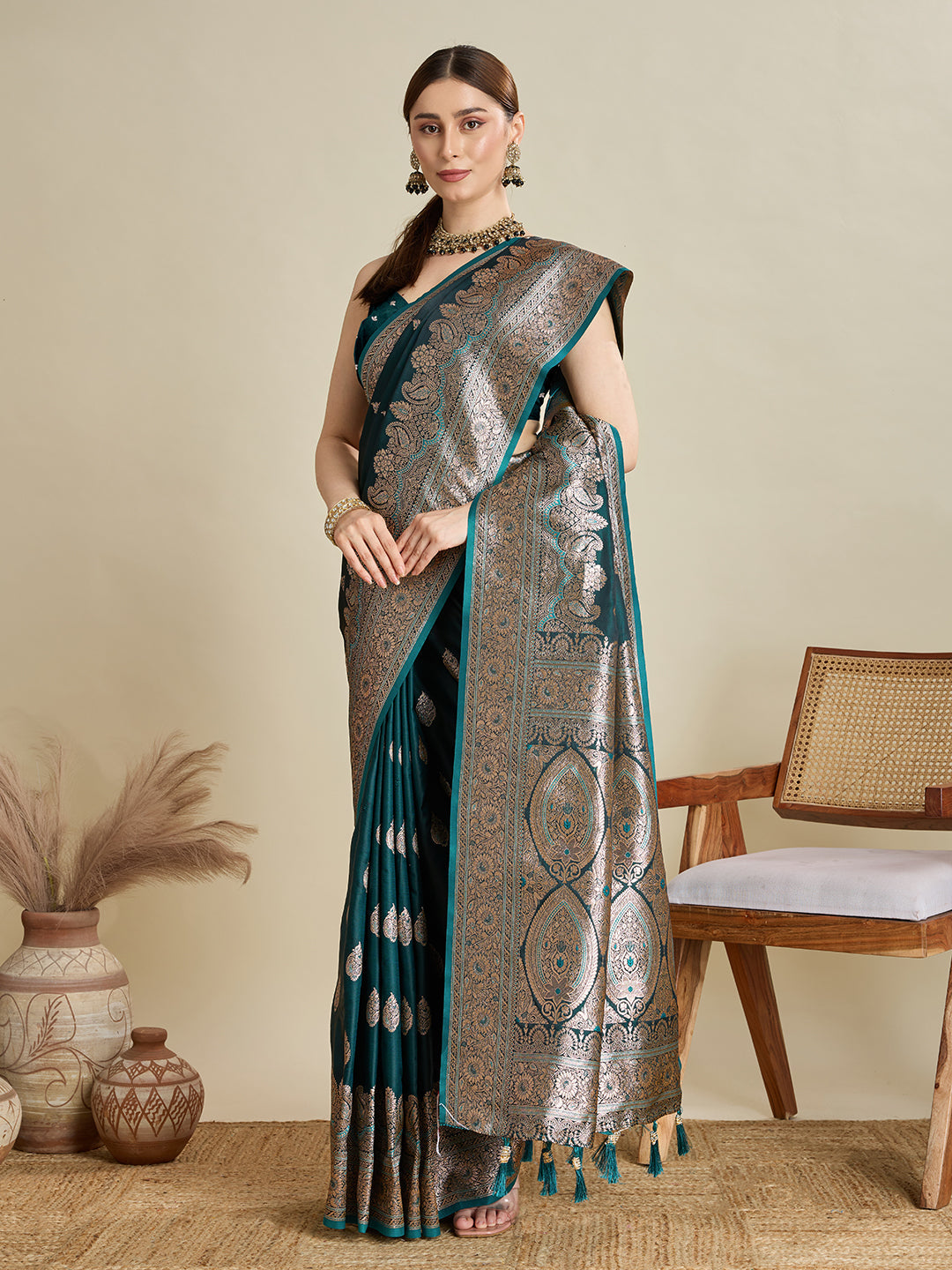 Designer Silk Saree with Heavy Zari Weaving & Rich Pallu for Festive & Wedding Wear (Rama)
