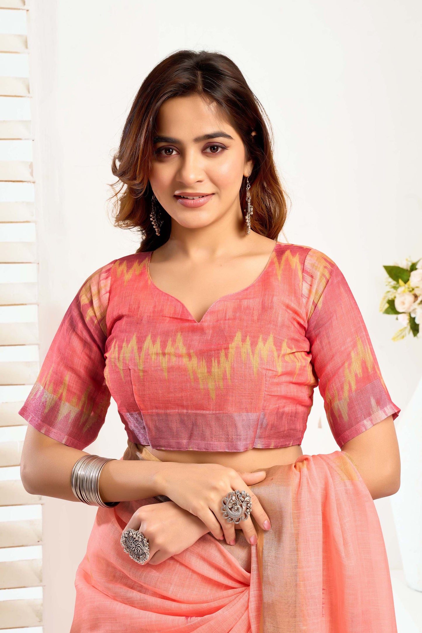 Ready-to-Wear Saree – Peach Linen with Pocket | Anarkalion