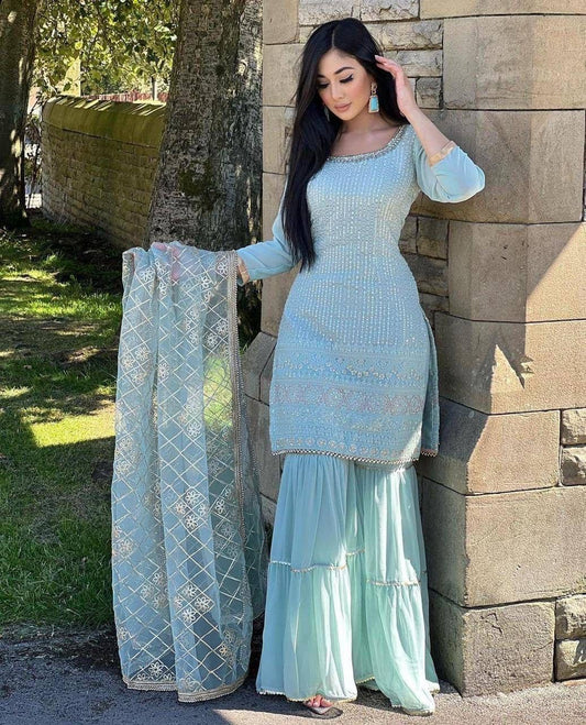 Amazing Faux Georgette Fully Stitched Sharara Palazzo Suit
