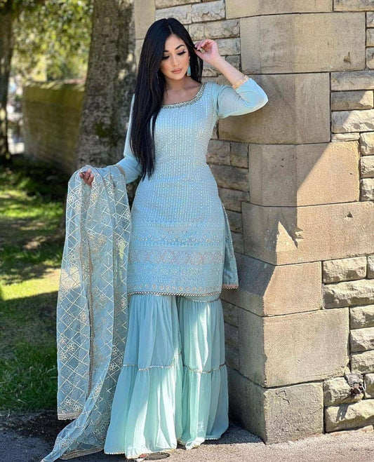 Amazing Faux Georgette Fully Stitched Sharara Palazzo Suit