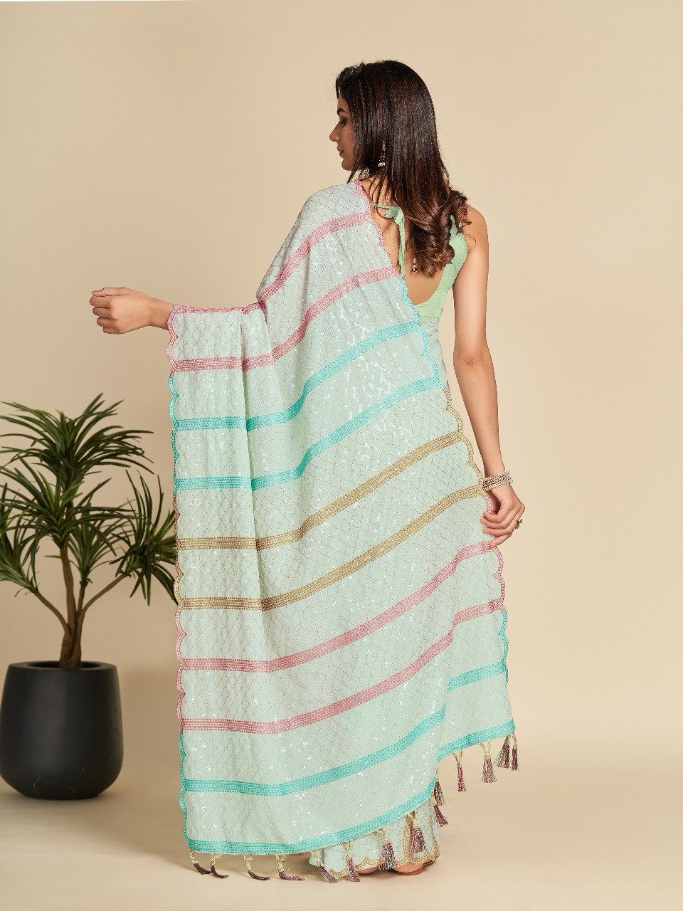 Beautiful Glamorous Sky blue Color Chinnon Saree