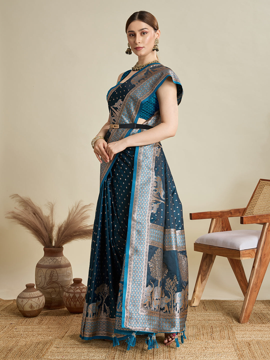 Teal Color Soft Silk Zari Weaving Saree for Wedding And Party
