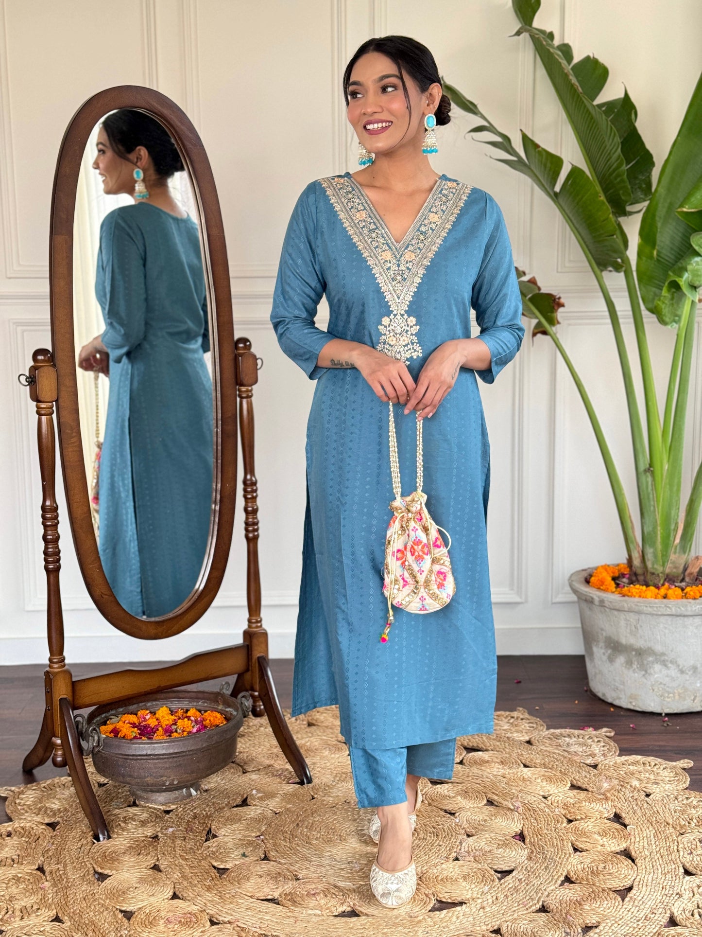Sky blue Color Viscoz Rayon Casual Kurti Pant Set