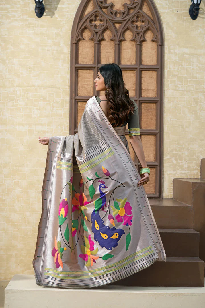 Grey Paithani Silk Saree with Soft Blended Fabric