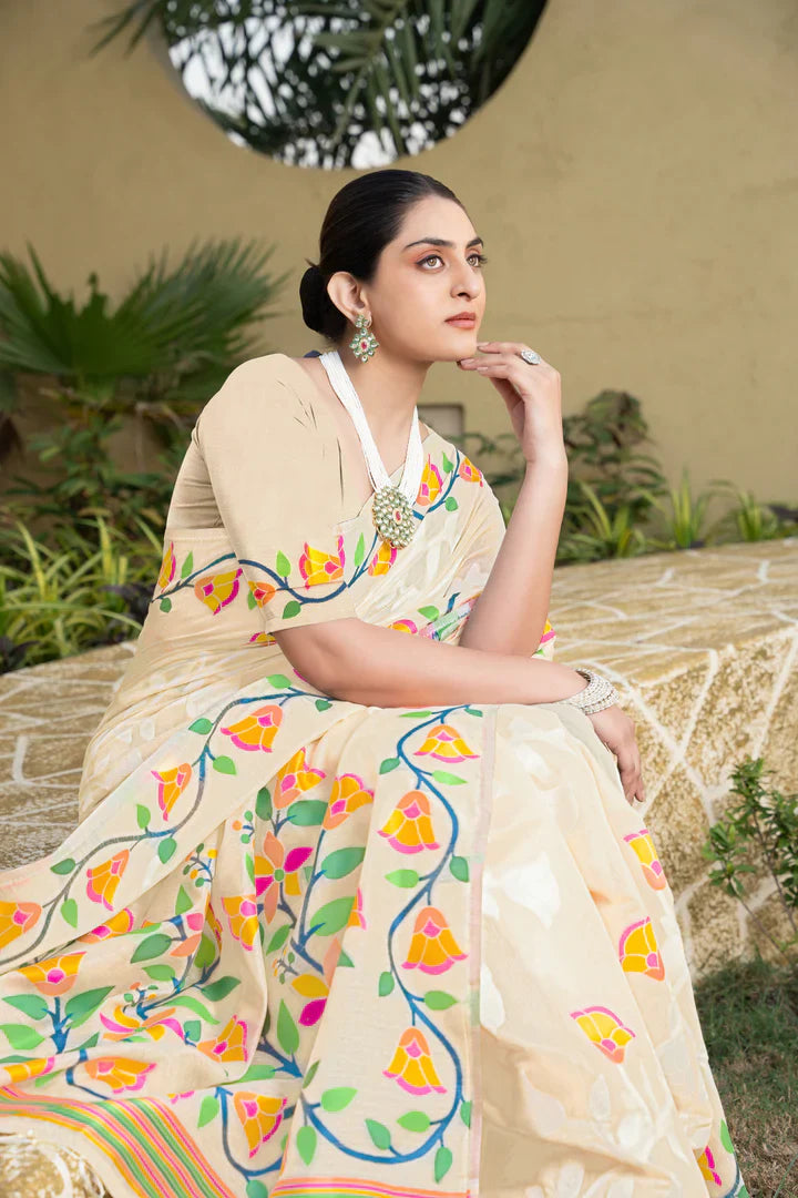 Off-White Cotton Jamdani Kolkata Weaving Saree