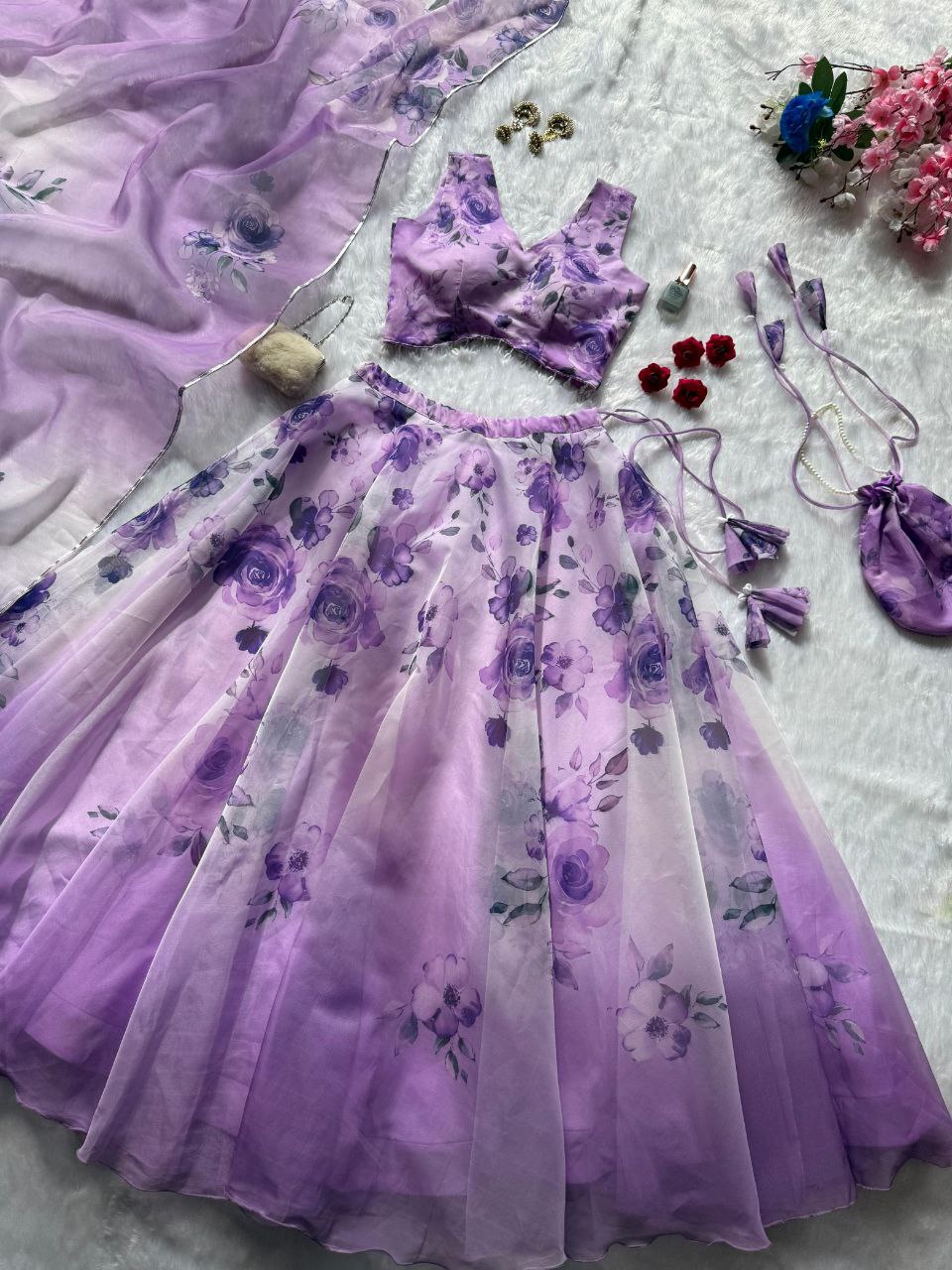 Party Wear Lehenga Choli – Violet Pure Organza | Anarkalion