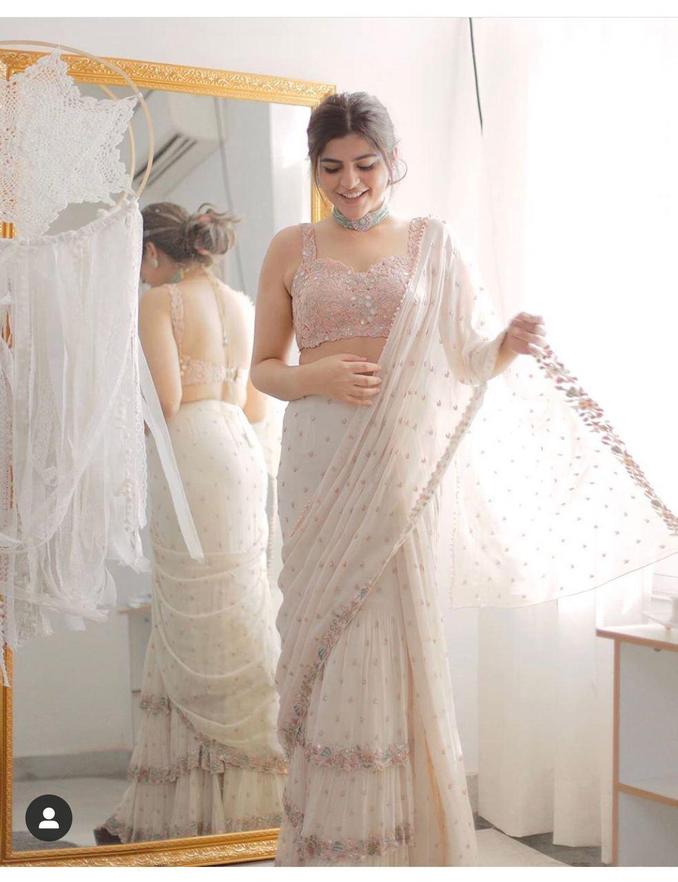 White Color Designer Ruffle Party Wear Saree