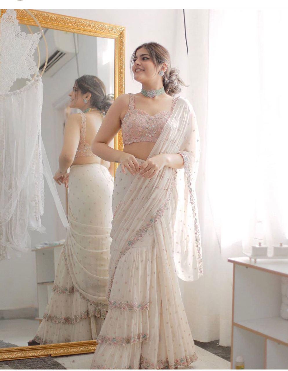 White Color Designer Ruffle Party Wear Saree