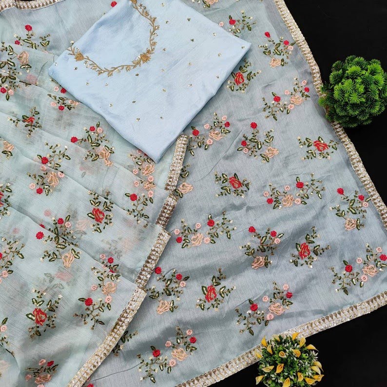Aqua Sky Blue Organza Silk Multi Embroidery Work Saree