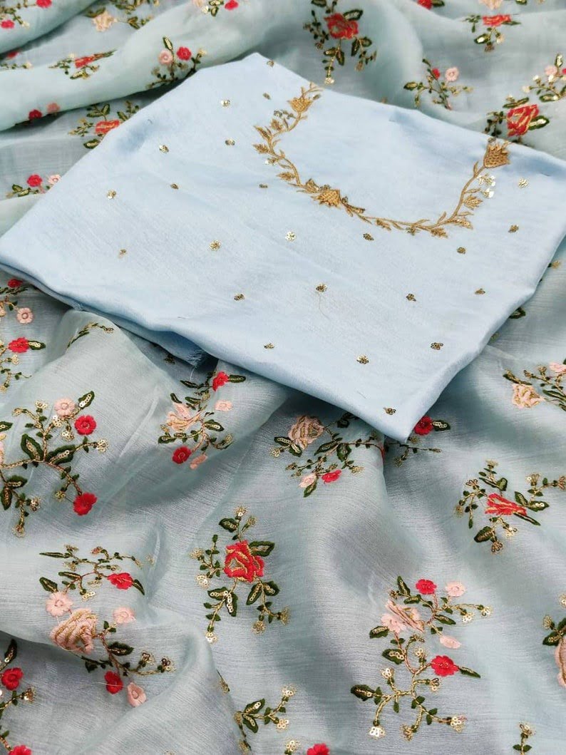 Aqua Sky Blue Organza Silk Multi Embroidery Work Saree