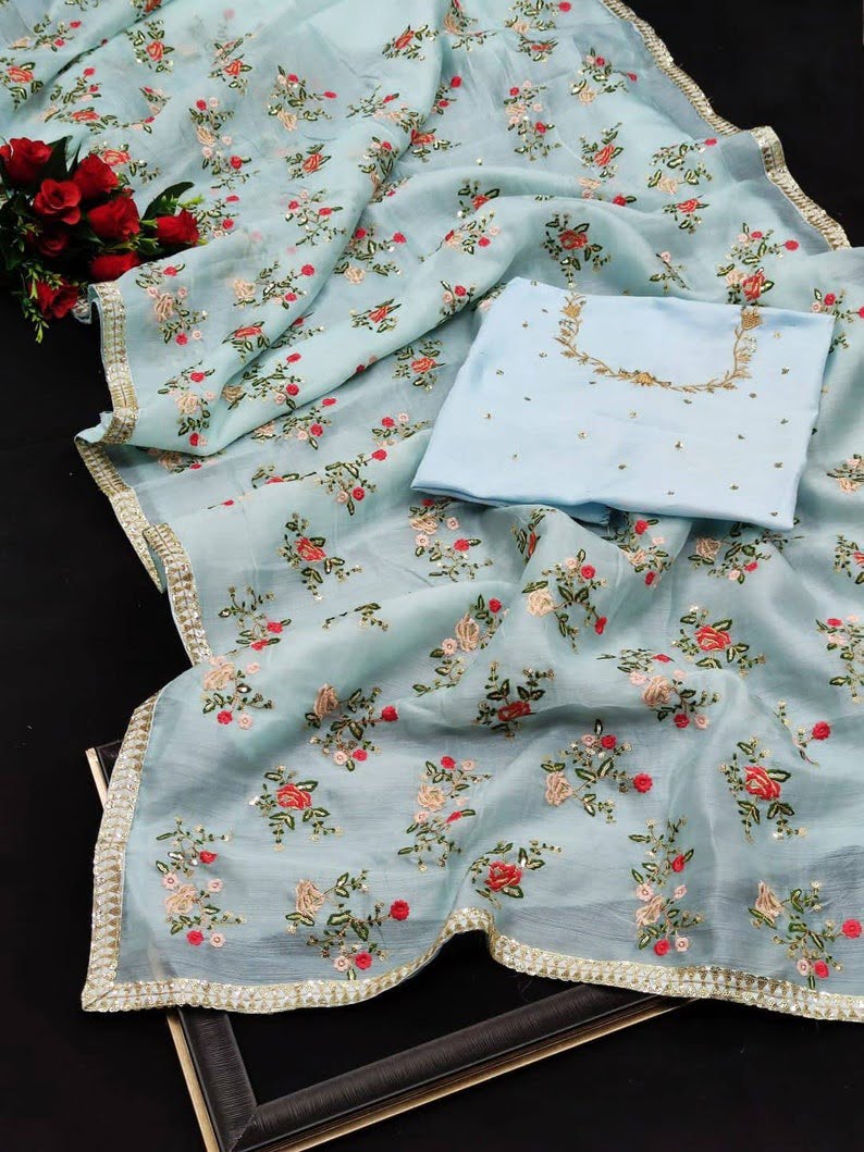 Aqua Sky Blue Organza Silk Multi Embroidery Work Saree