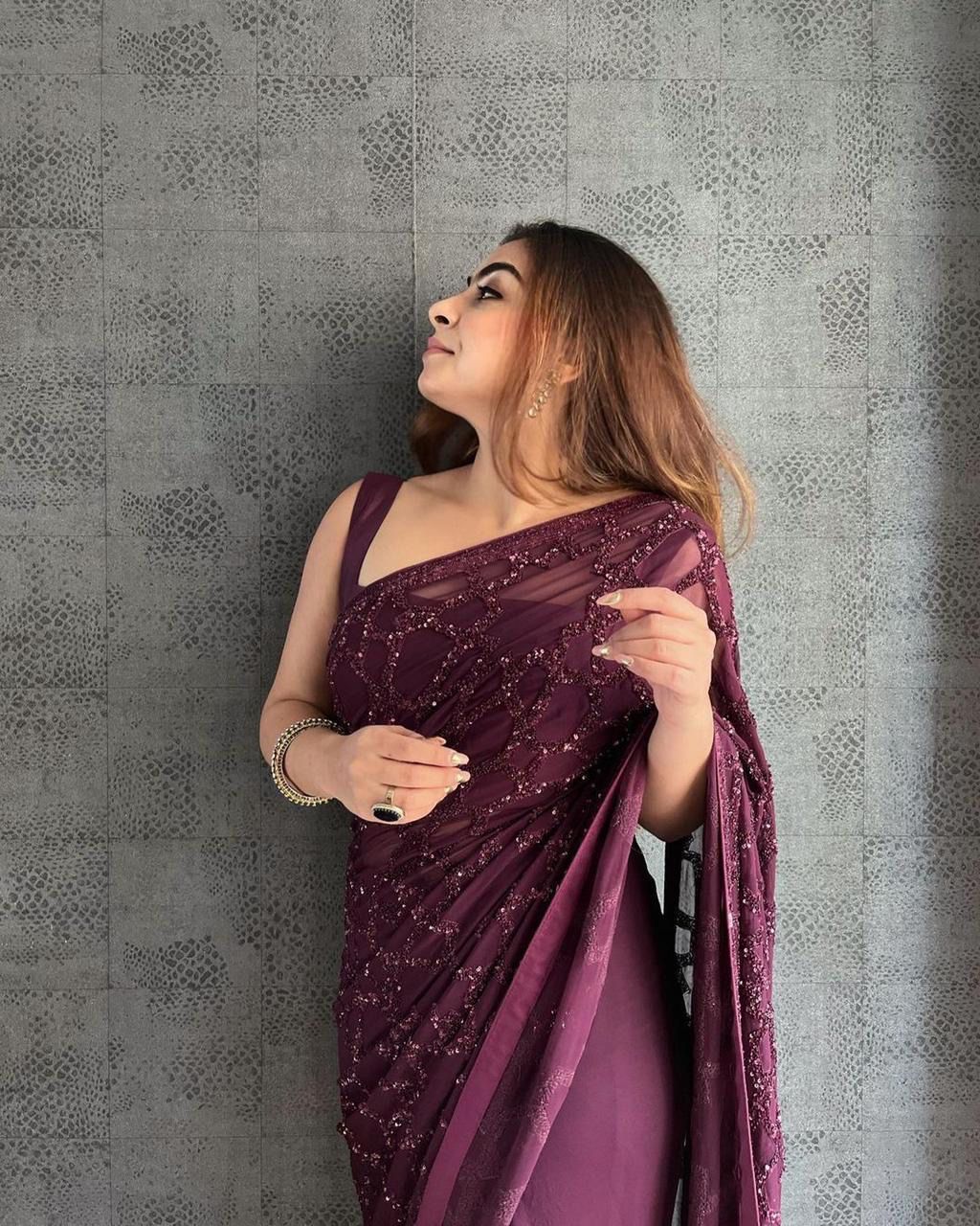 Purple Georgette Saree with Embroidery and Satin Blouse