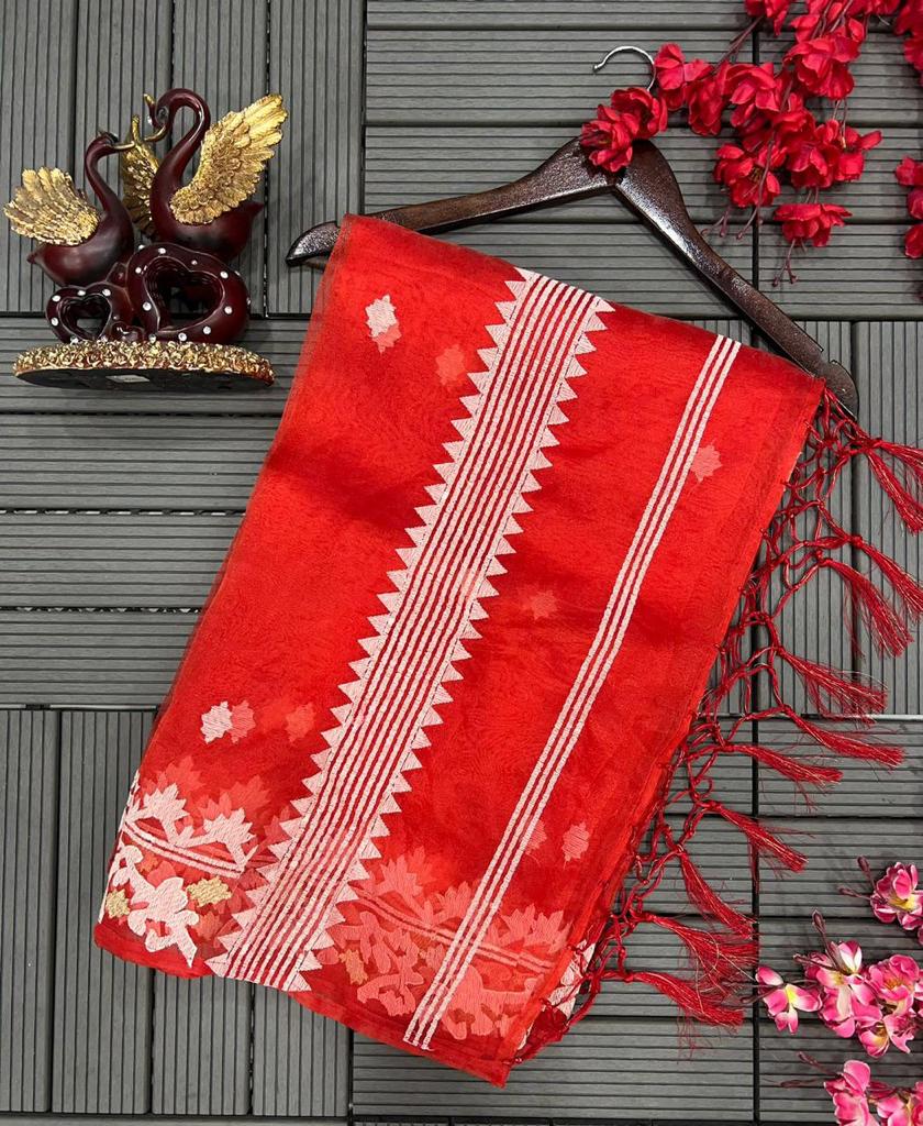 Amazing Party Wear Red Color Organza Saree