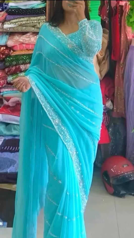 New Trendy Sky blue Georgette Party Wear Saree
