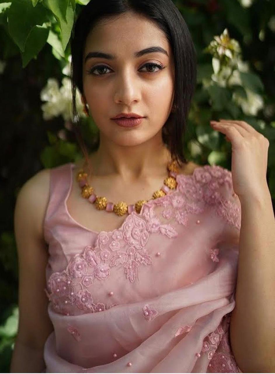 Designer Pink Color Organza Silk Party Wear Saree