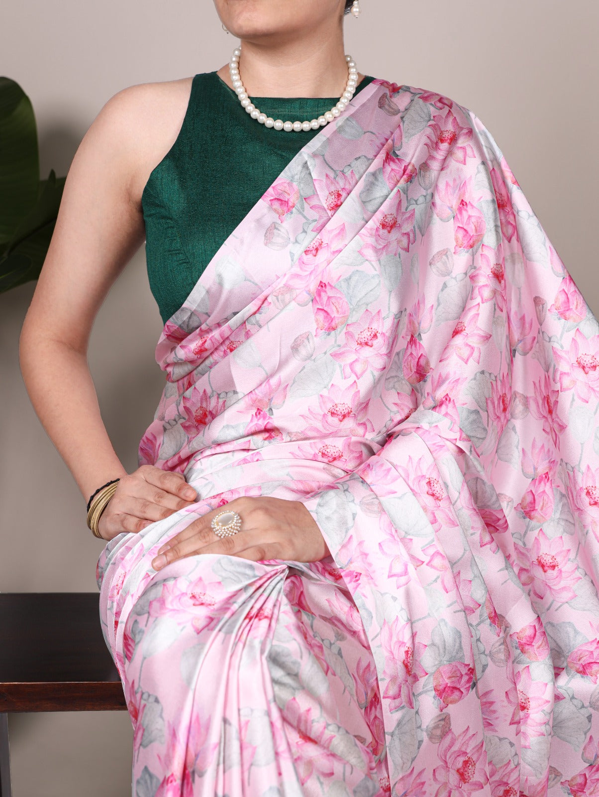 Beautiful Light Pink Color Satin Silk Floral Printe Saree