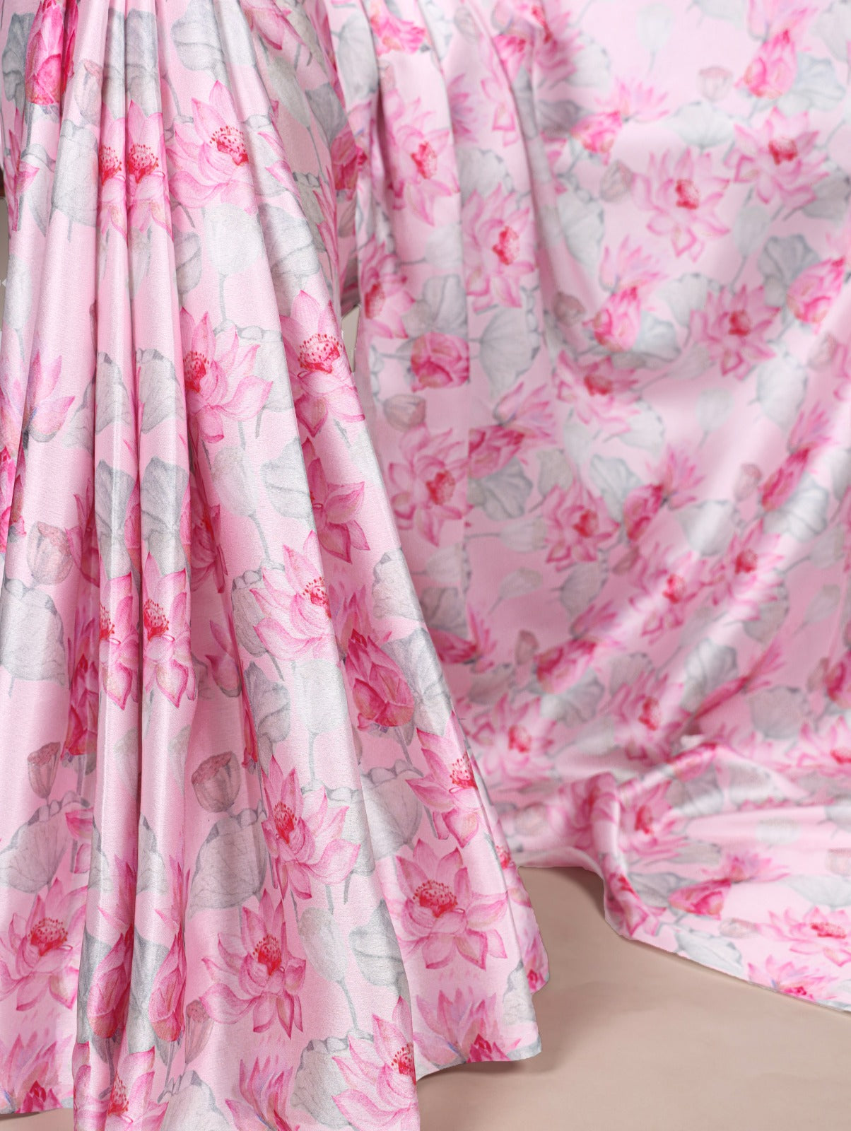 Beautiful Light Pink Color Satin Silk Floral Printe Saree