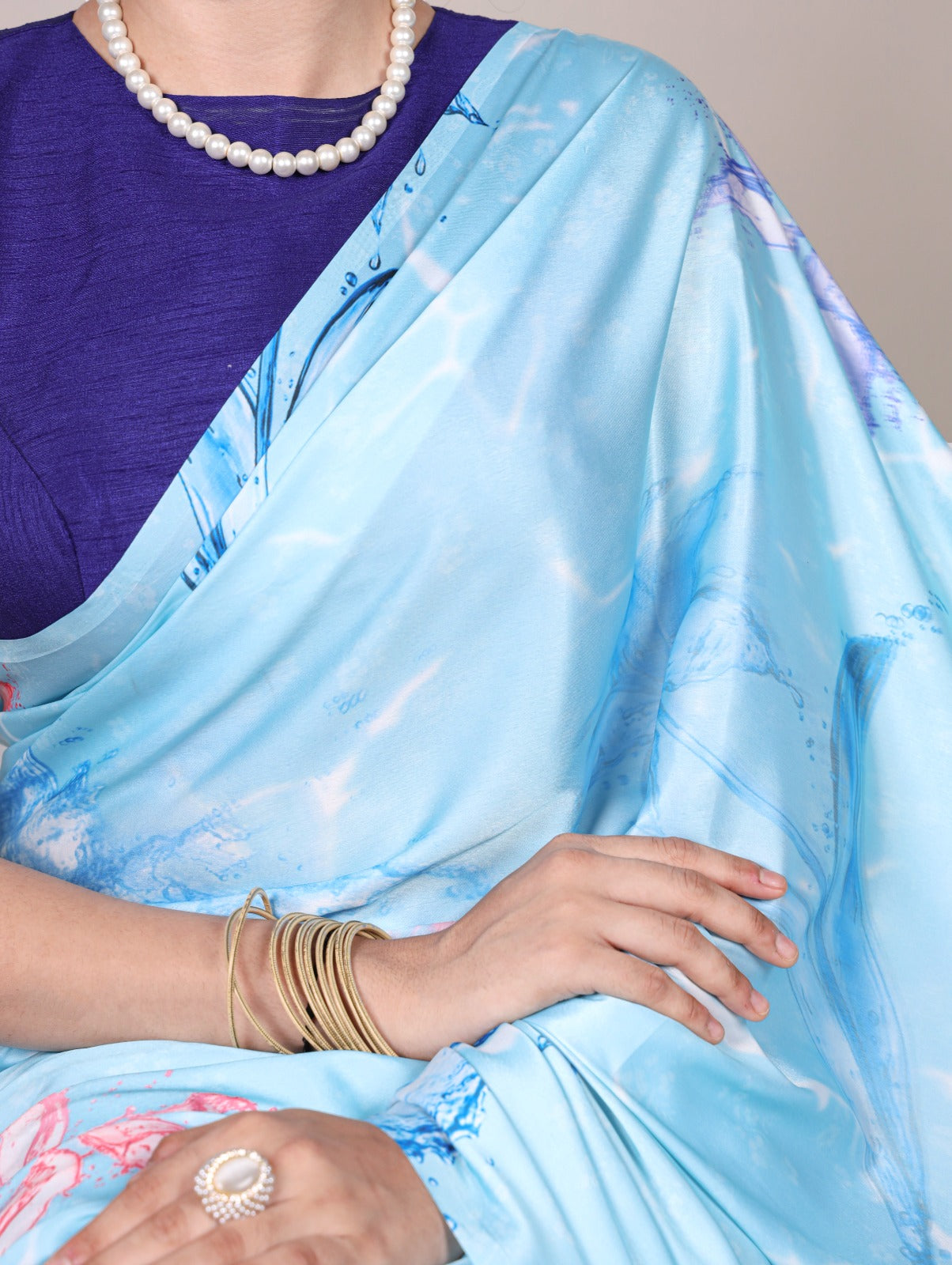 Beautiful Sky blue Color Satin Silk Floral Printe Saree