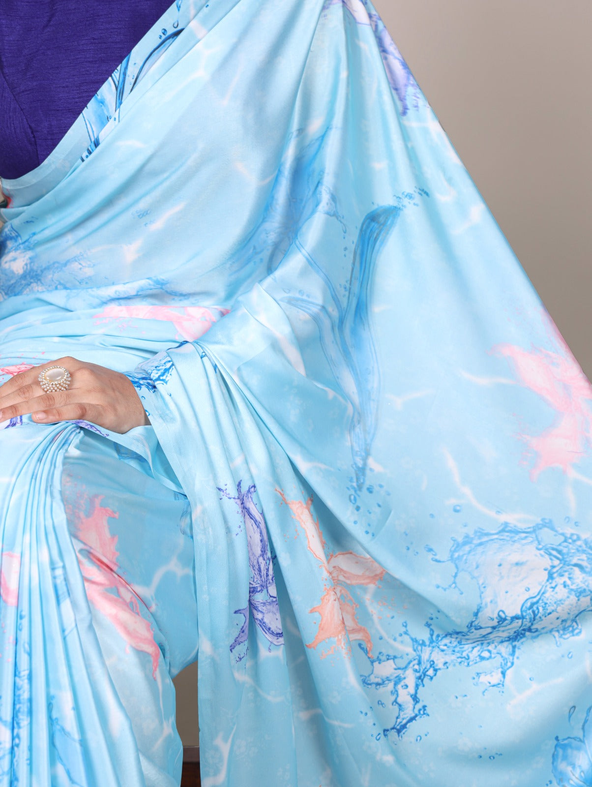 Beautiful Sky blue Color Satin Silk Floral Printe Saree