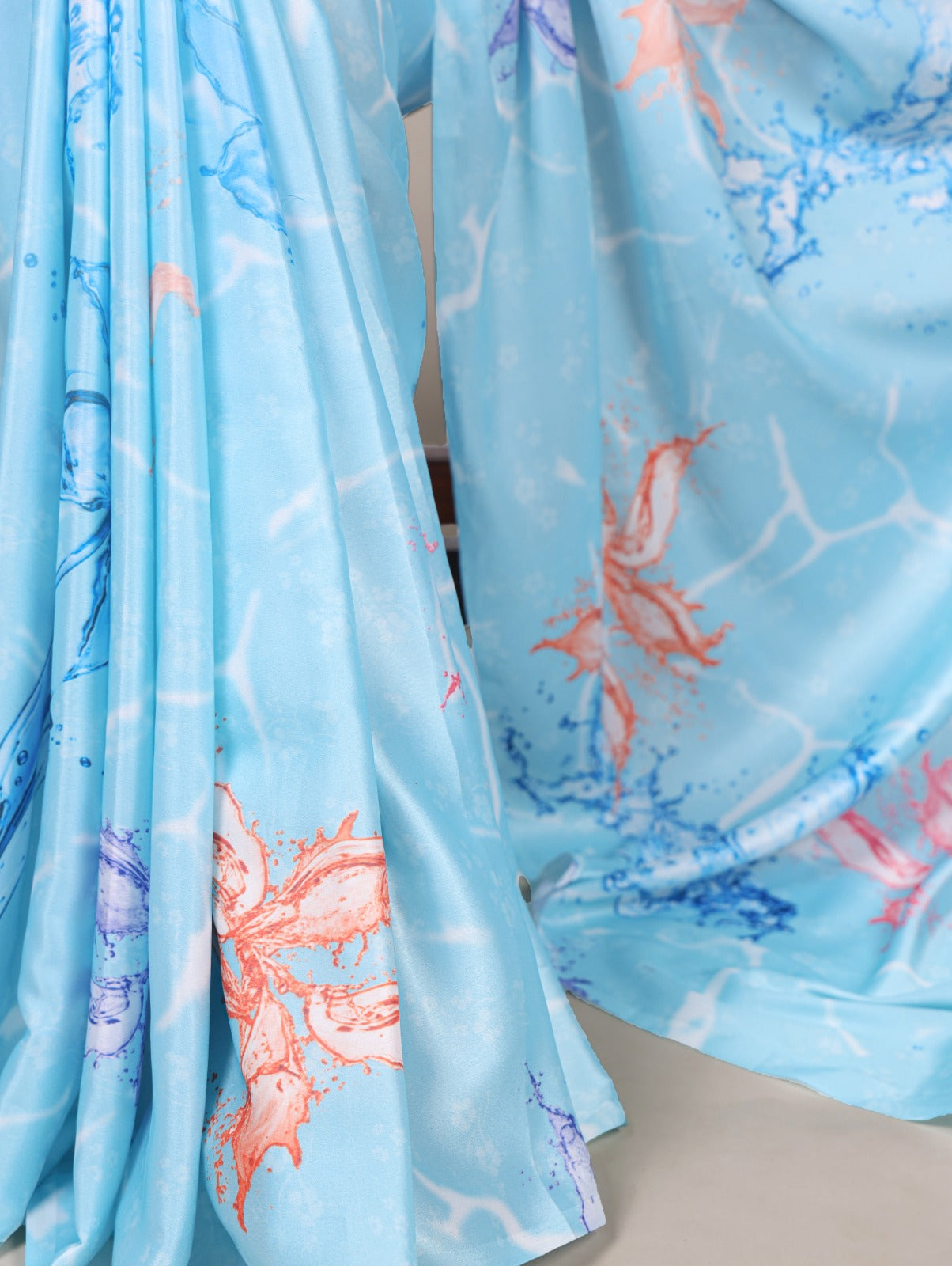 Beautiful Sky blue Color Satin Silk Floral Printe Saree