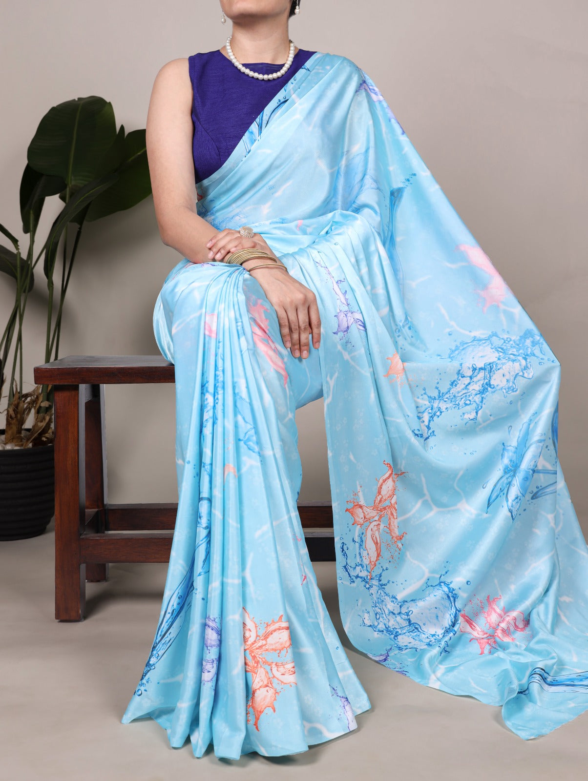 Beautiful Sky blue Color Satin Silk Floral Printe Saree