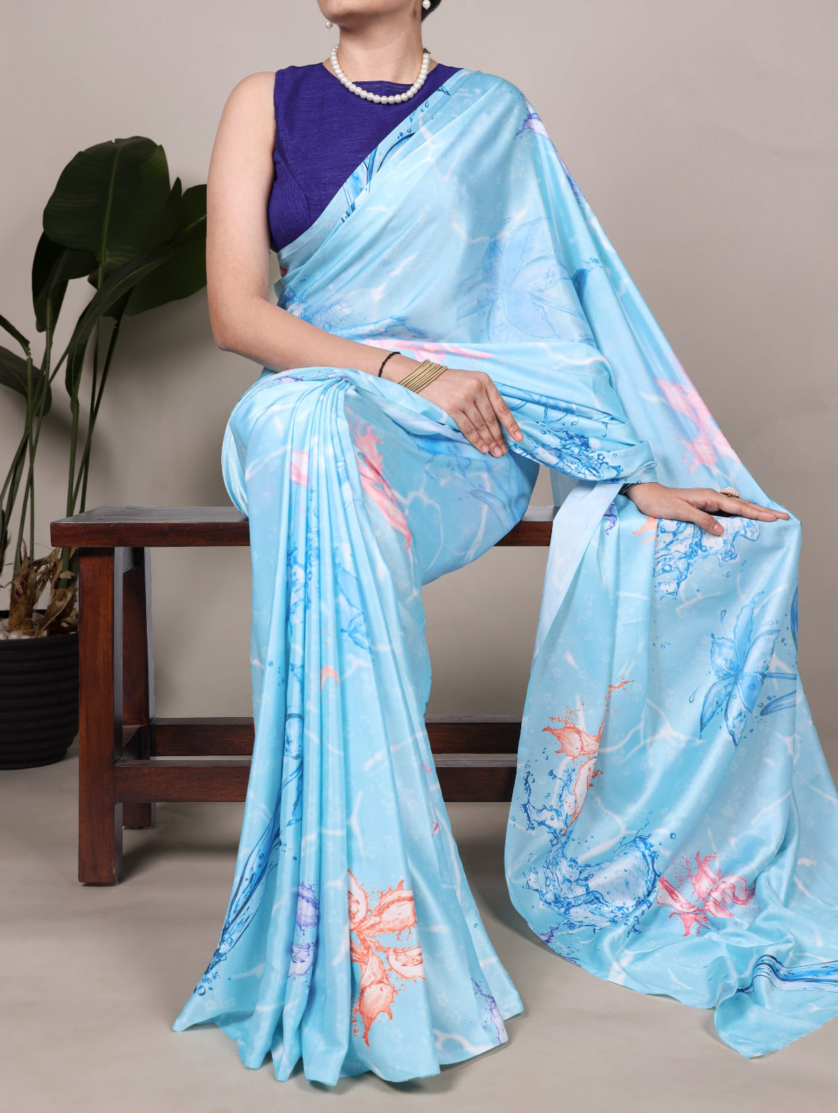 Beautiful Sky blue Color Satin Silk Floral Printe Saree
