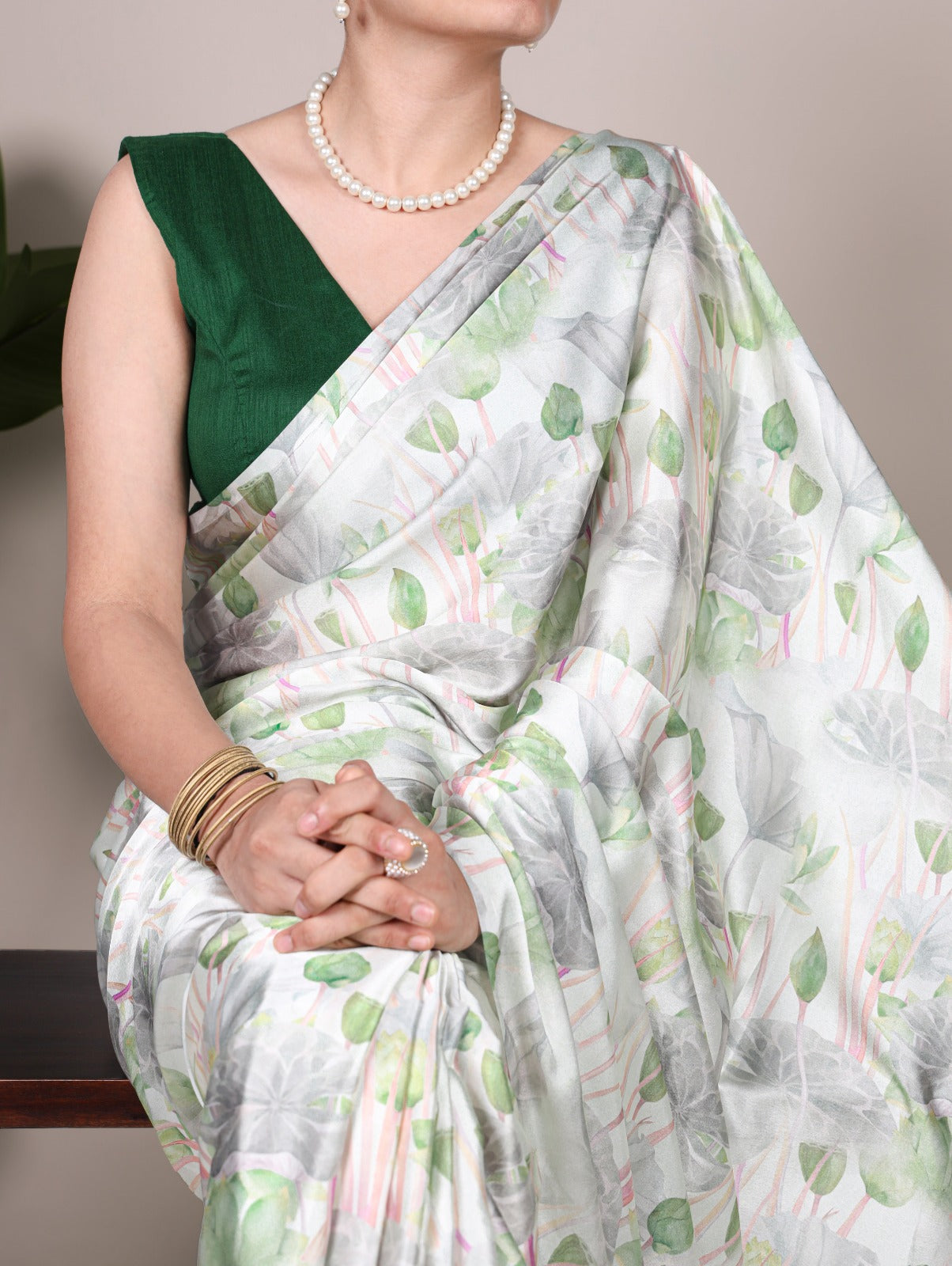 Beautiful Green Color Satin Silk Floral Printe Saree
