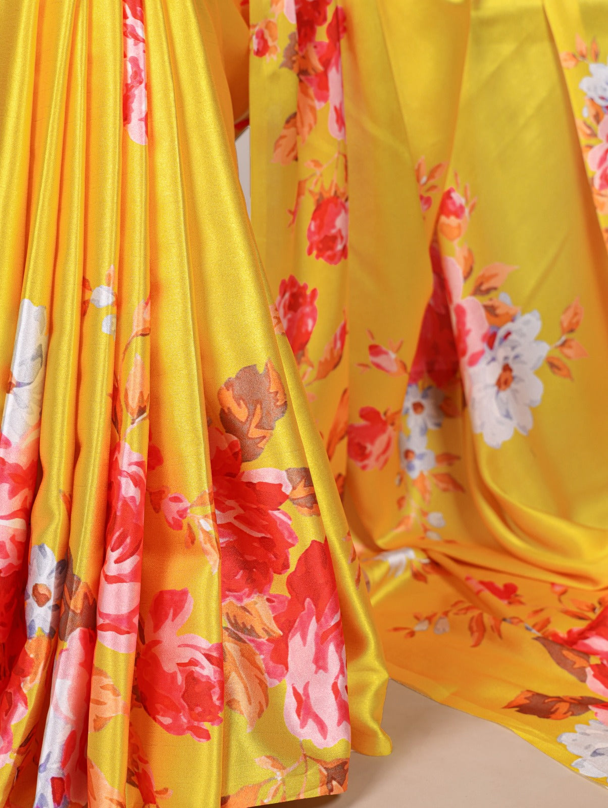 Beautiful Yellow Color Satin Silk Floral Printe Saree