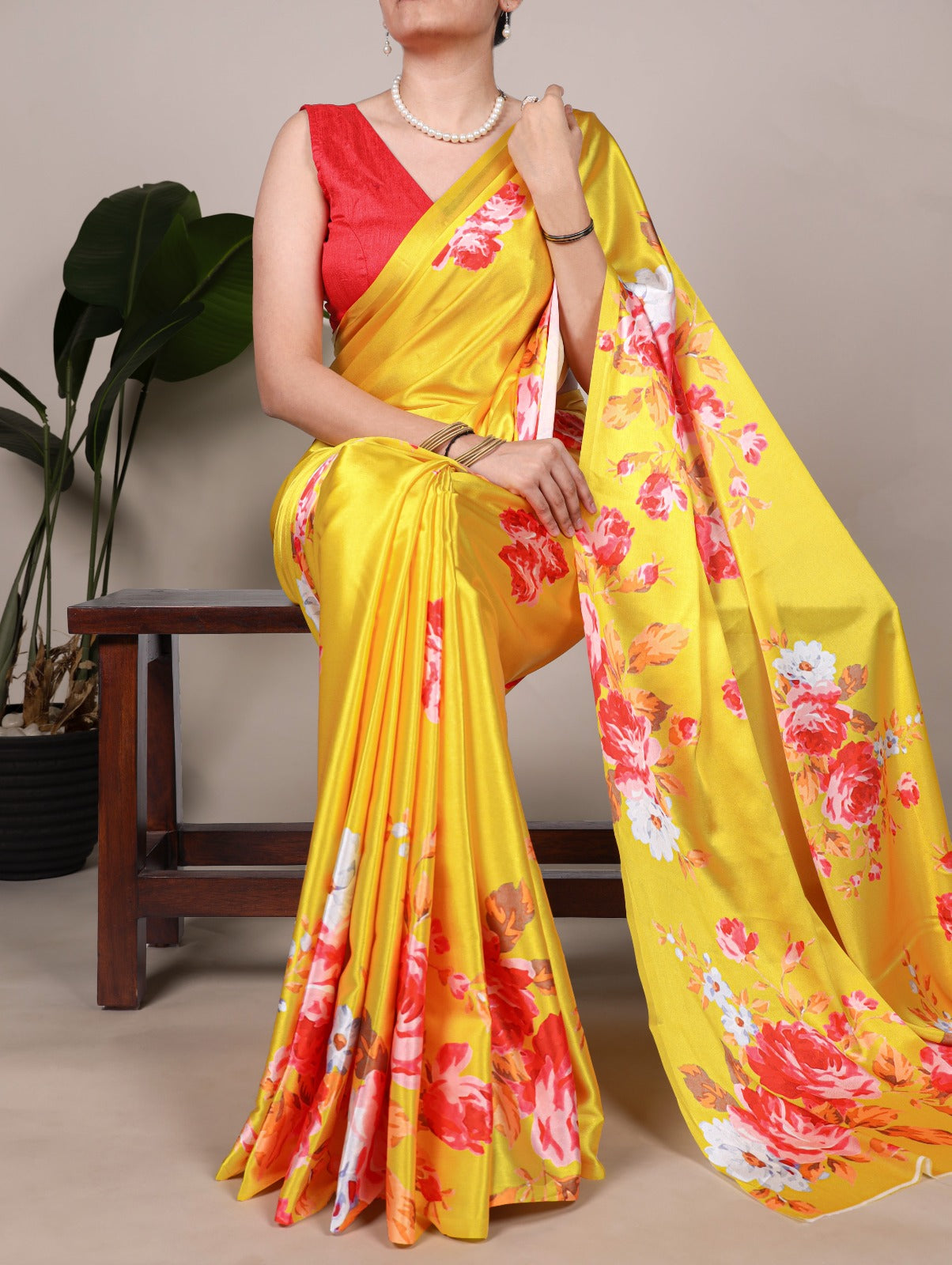 Beautiful Yellow Color Satin Silk Floral Printe Saree
