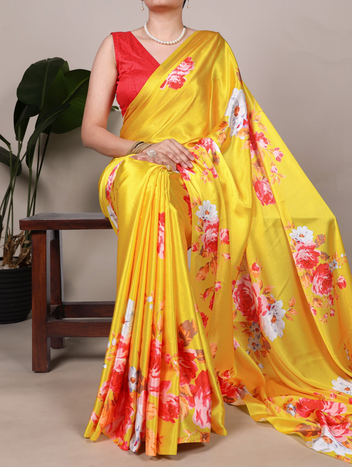Beautiful Yellow Color Satin Silk Floral Printe Saree
