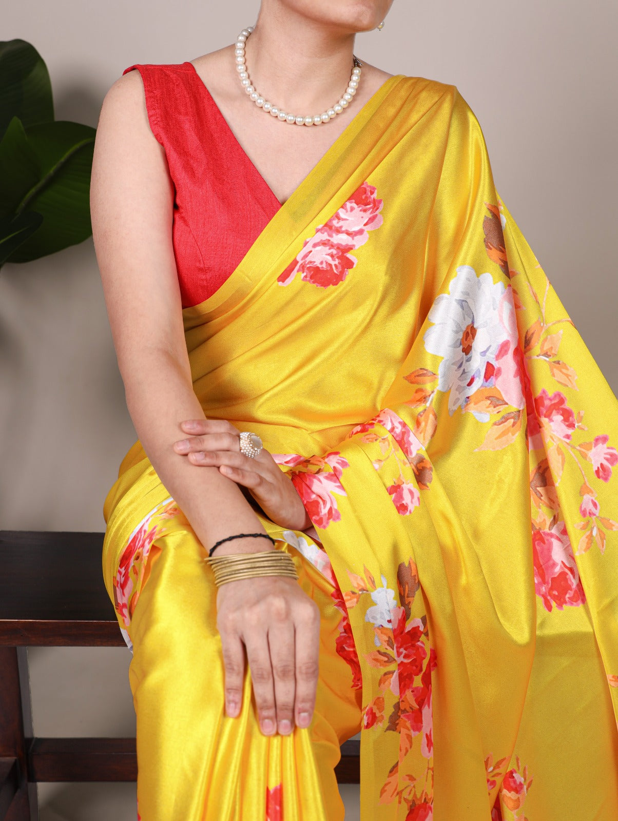 Beautiful Yellow Color Satin Silk Floral Printe Saree