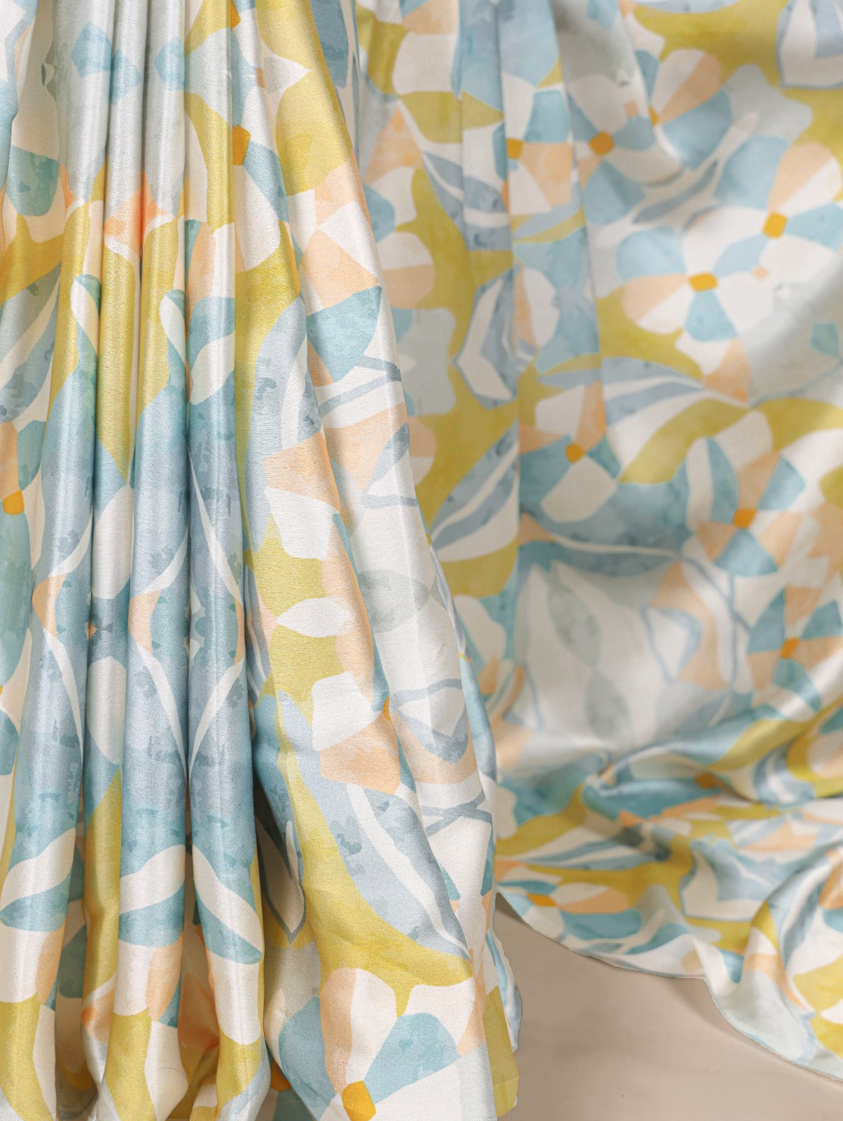 Beautiful Light Yellow Color Satin Silk Floral Printe Saree