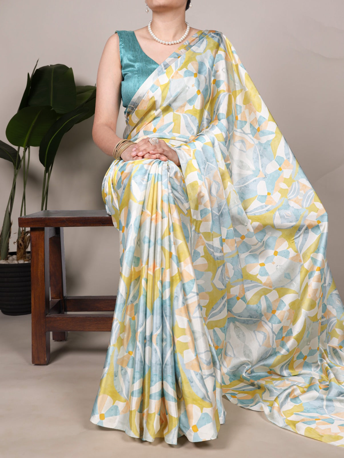 Beautiful Light Yellow Color Satin Silk Floral Printe Saree
