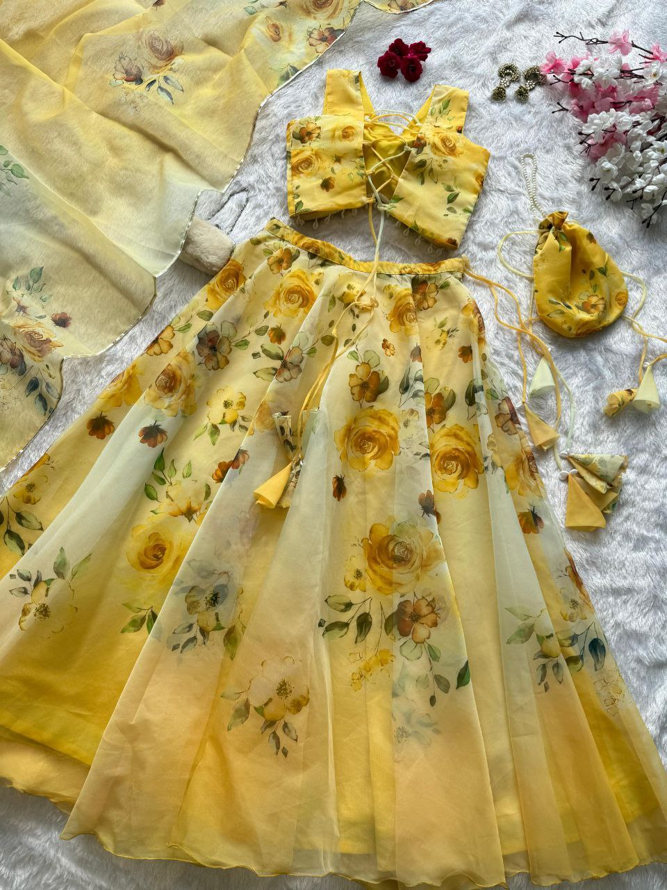 Party Wear Lehenga Choli – Yellow Pure Organza | Anarkalion
