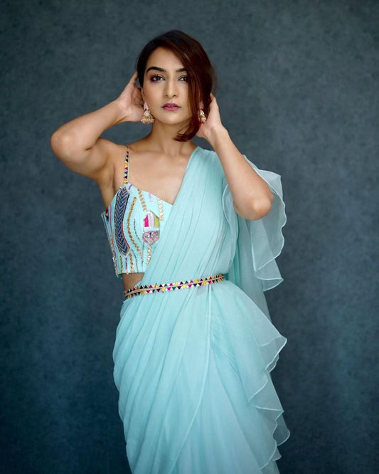 Beautiful Organza Silk party wear saree. (Sky blue)