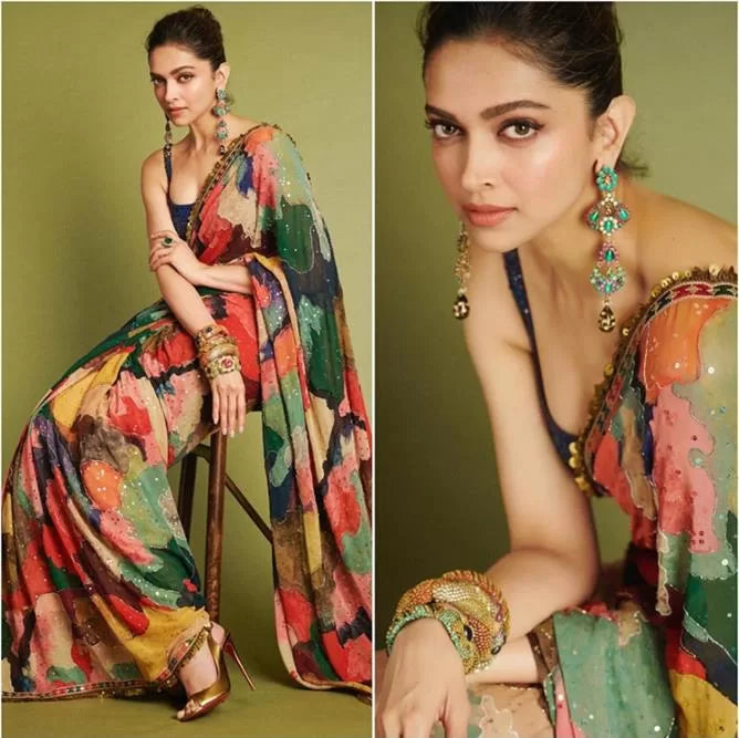 Deepika Padukone Designer Digitel Prinit Stone Work Party Wear Saree (Multi Colour)