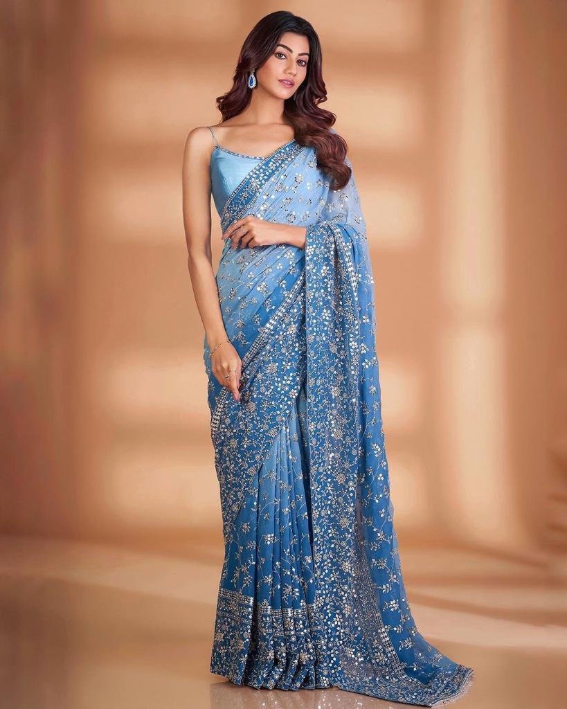 Sky Blue Georgette Saree with Heavy Embroidery
