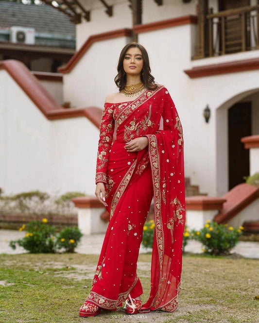 Red Color Georgette Party Wear Occasional Saree