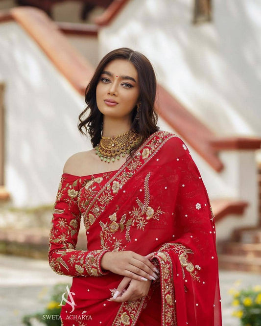 Red Color Georgette Party Wear Occasional Saree