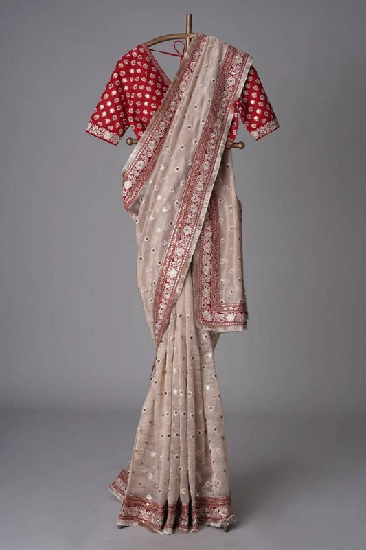 Cream Color organza Silk Party Wear Occasional Saree